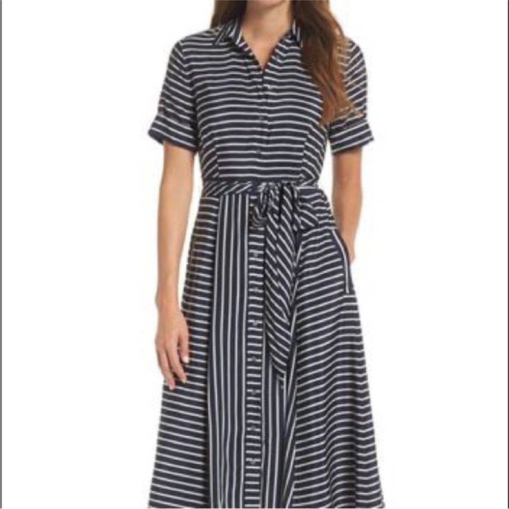 J. Crew Collection Silk Striped Navy and White Shirt Dress